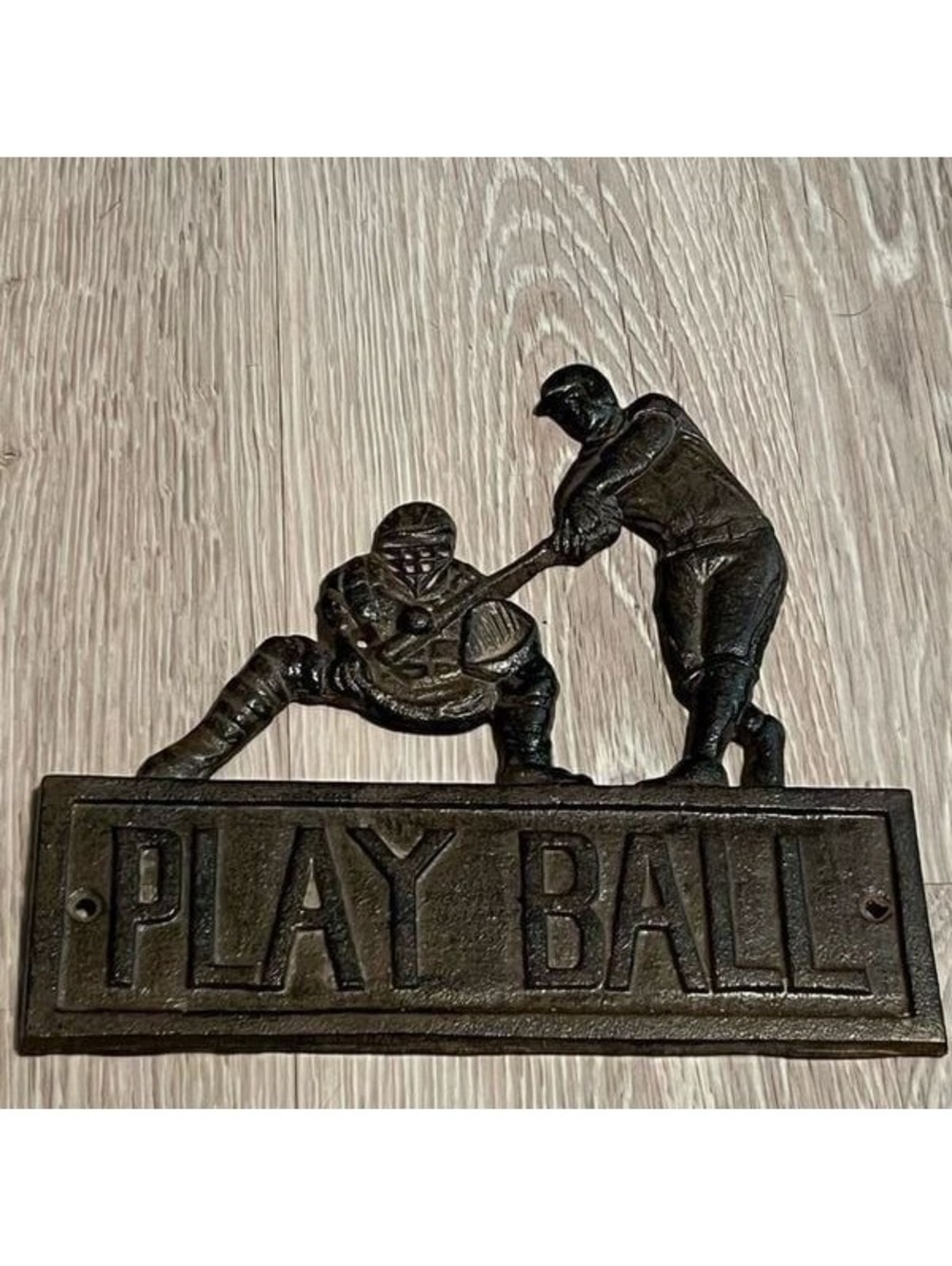 Baseball Black/Brown Cast Iron “PLAY BALL” Catcher Hitter 9” Wall Hanging Plaque